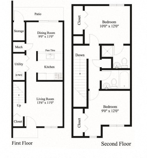 Floor plan for 2 beds, 2 baths, 855 sqft